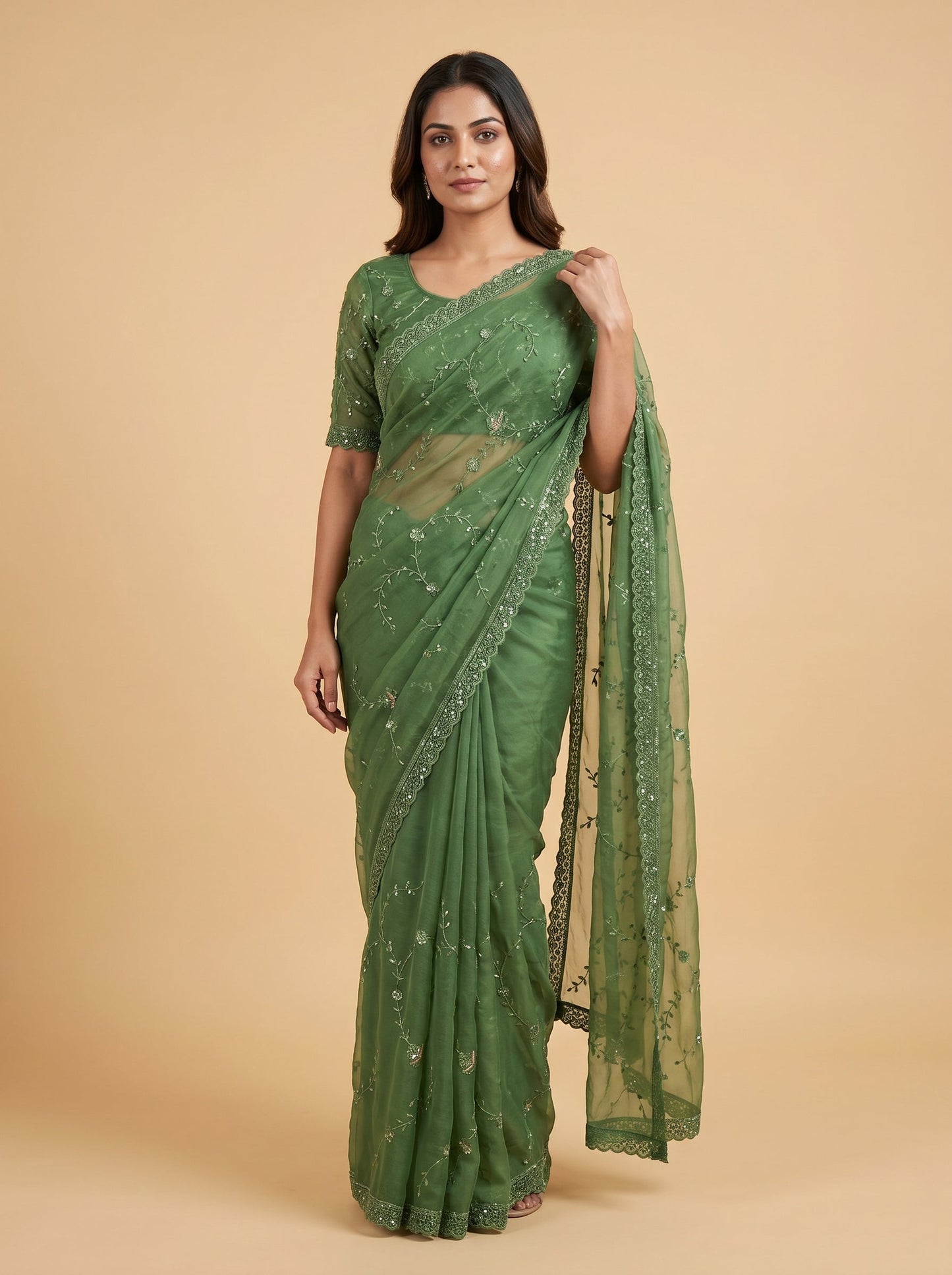 Pista Shimmer Embroidered Saree