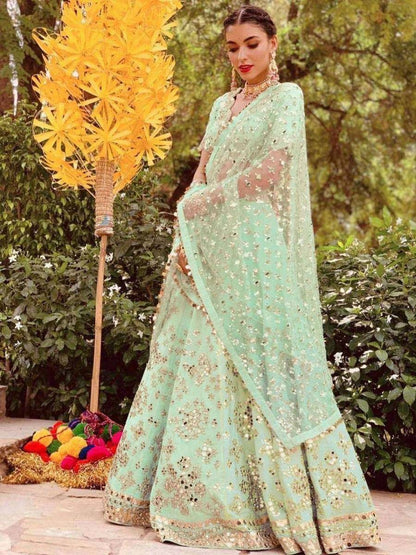 Tulsi Art Pista Green Paper Mirror Mulberry Silk Wedding Wear Lehenga Choli