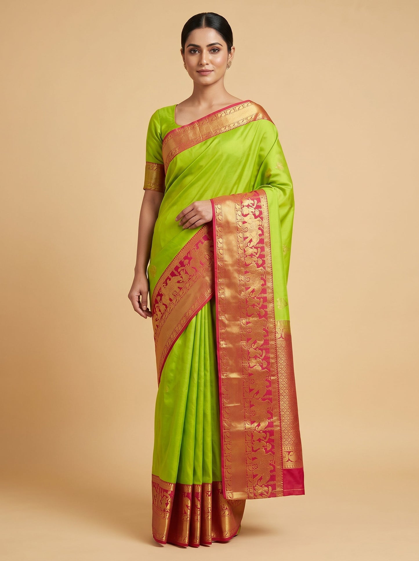 Pistachio Green Red Handloom Saree