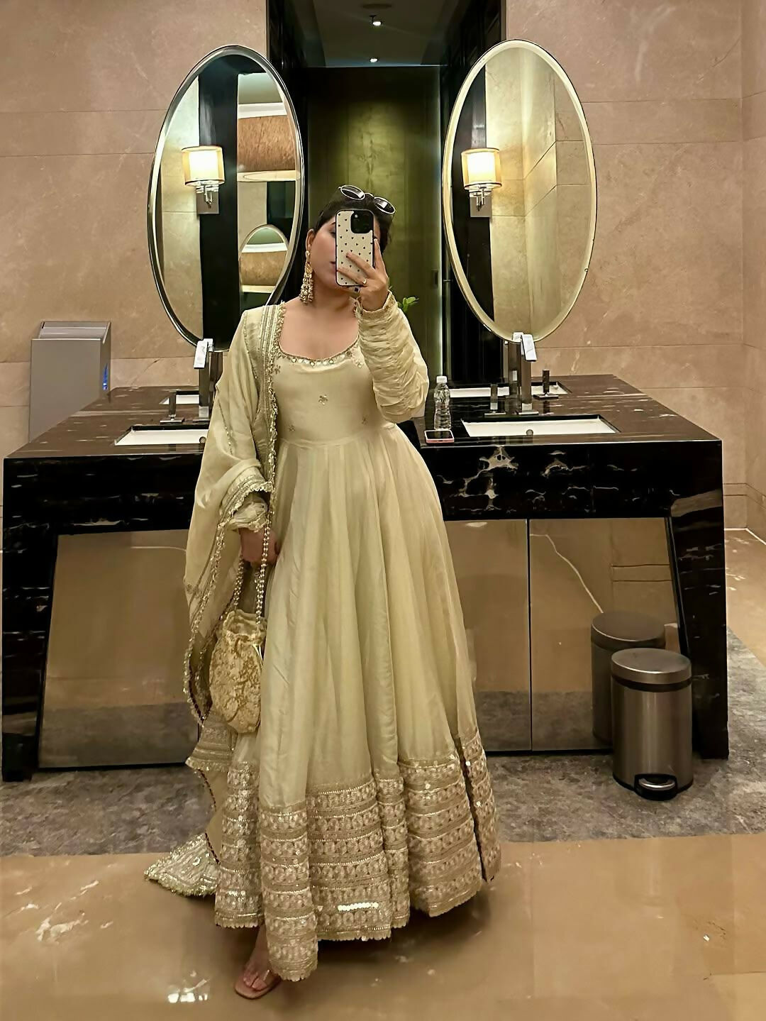 Teeya Creation Womens New Fancy Silk Heavy Quality Fabric with Handwork Cream Gown Set