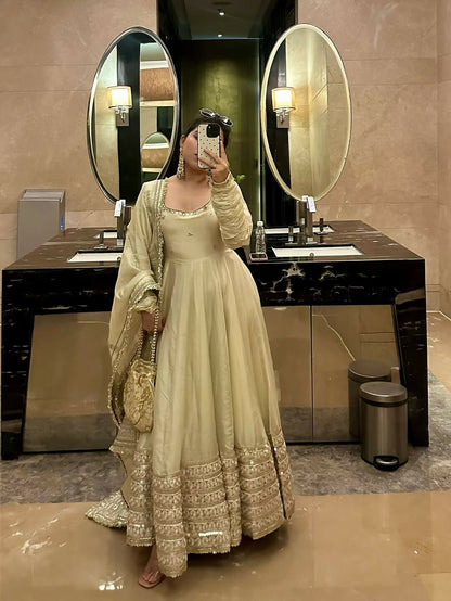Teeya Creation Womens New Fancy Silk Heavy Quality Fabric with Handwork Cream Gown Set