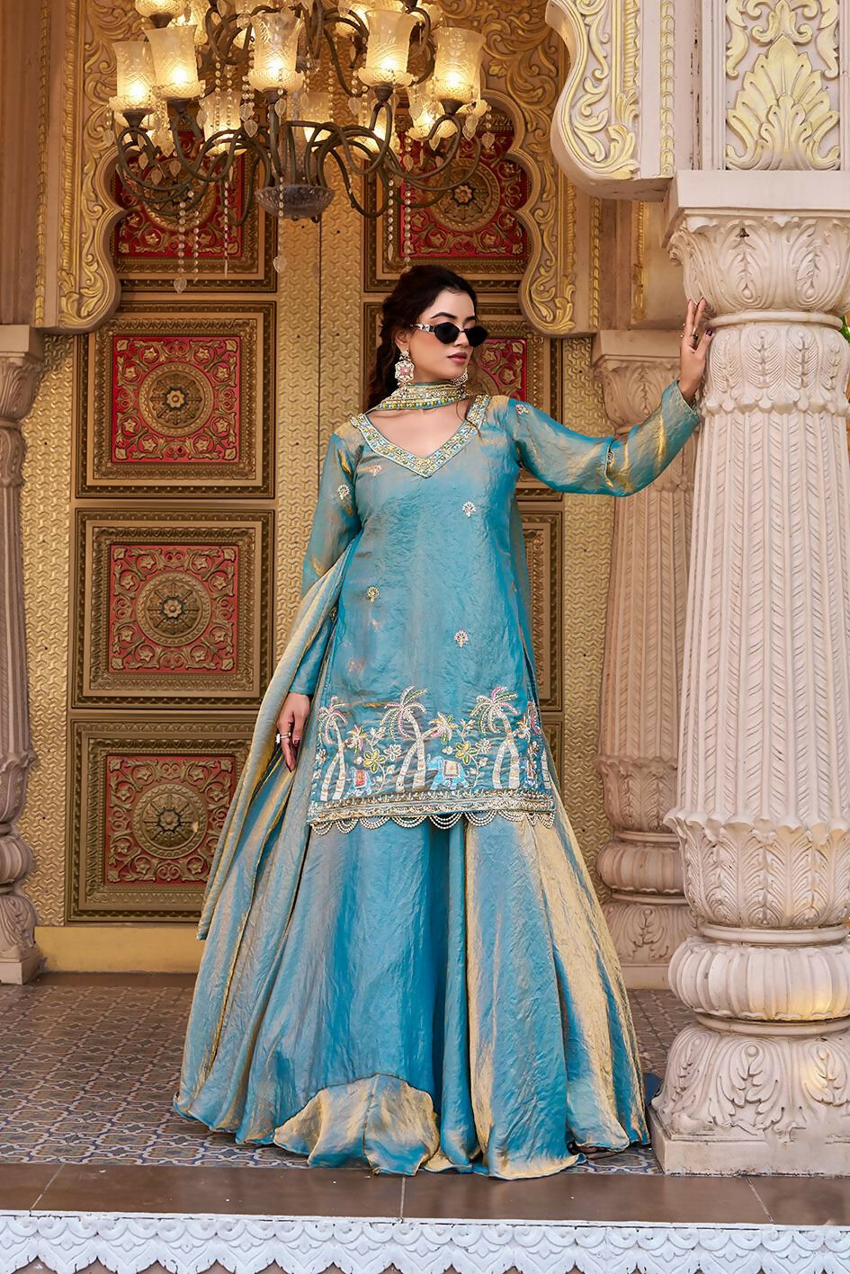Teeya Creation Womens New Stylish Moti Beads With Cording Sequence Thread Embroidery Work Aqua-Blue Kurta Set