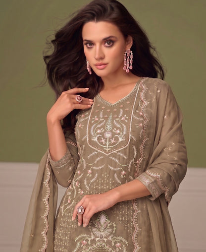 KC Beautiful Beige Chiffon Silk Hand Embroidery Suit For Women