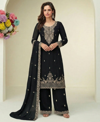 KC Black Georgette Heavy Embroidered Fancy Suit For Women