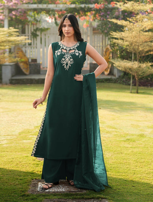 Nikhaar Dark Green Embroidered Art Silk Stitched A Line Kurta Palazzo Dupatta Readymade Suit
