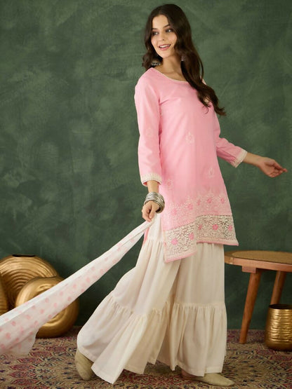 The52 Women's Gorgeous Embroidery Work Cotton Satin Fabric Straight Kurta Sharara and Dupatta Set