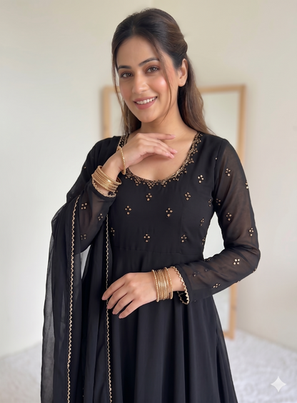 Teeya Creation New Party Wear Look Gerorrget Gown With Pant Dupatta Set - Black