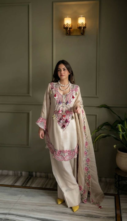 Teeya Creation Off-White Silk Pakistani Suit With Pink Embroidery And Dupatta Set