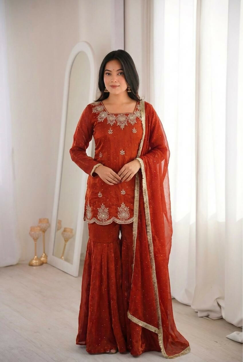 Teeya Creation Womens New Fancy Embroidery Sequence Work With Zarkan Diamond Work Orange Kurta Set