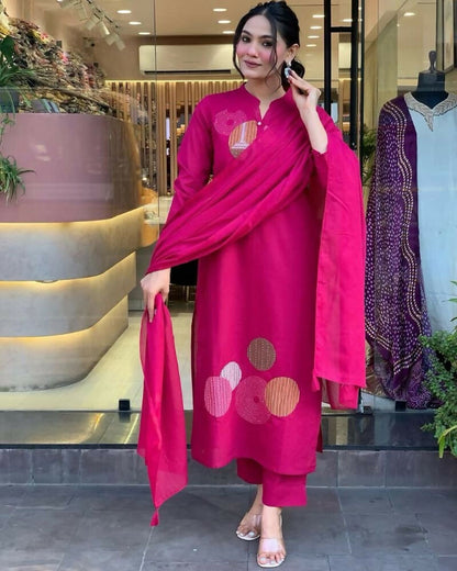Teeya Creation Women Pink Geometric Embroidered Straight Kurta with Pants and Dupatta Set