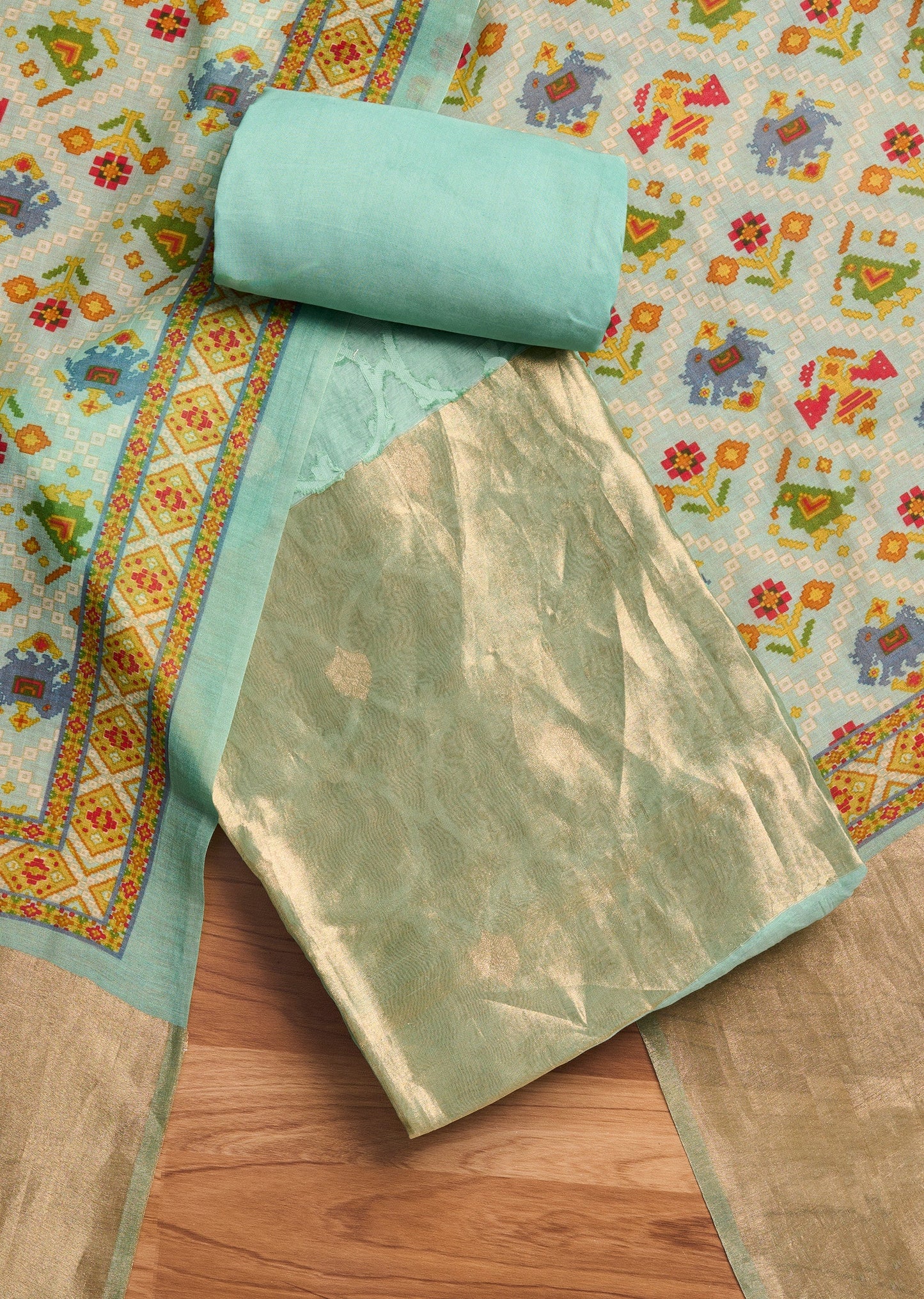 Powder Blue Chanderi Unstitched Suit Set