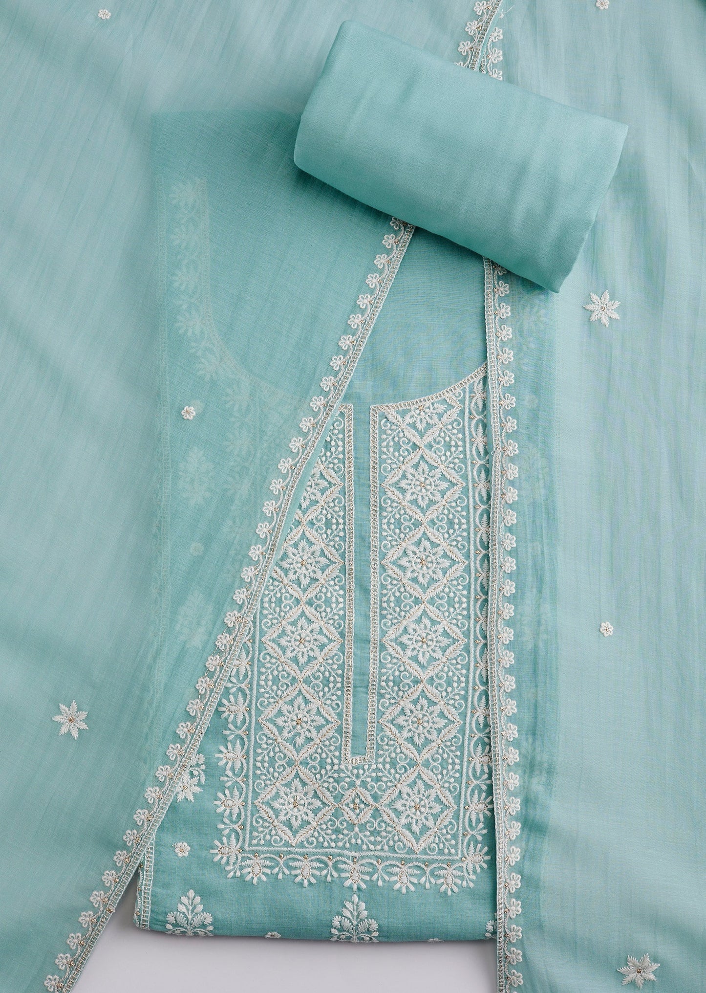 Powder Blue Embroidered Cotton Unstitched Suit Set And Dupatta