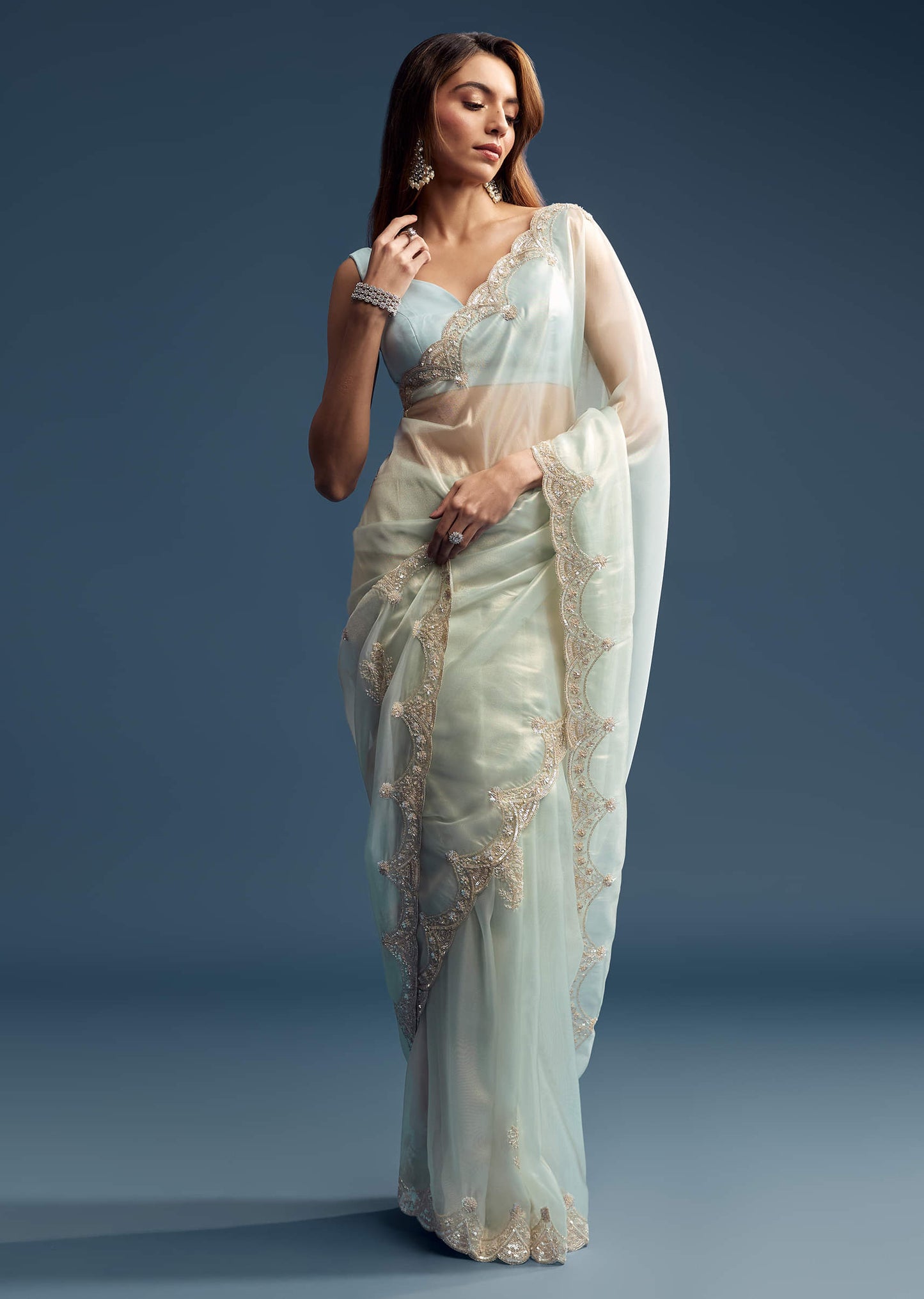 Powder Blue Tissue Saree With Cutdana Embroidery