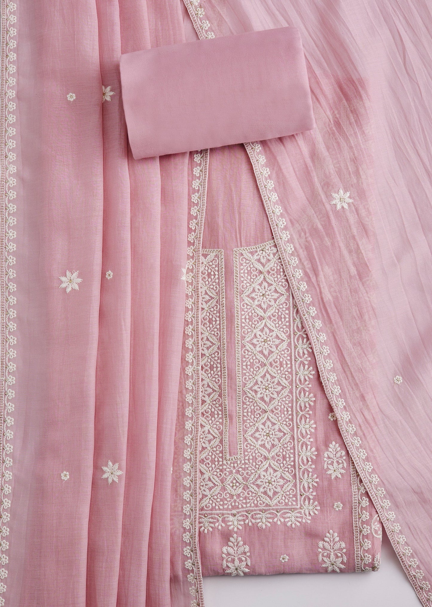 Powder Pink Embroidered Cotton Unstitched Suit Set And Dupatta