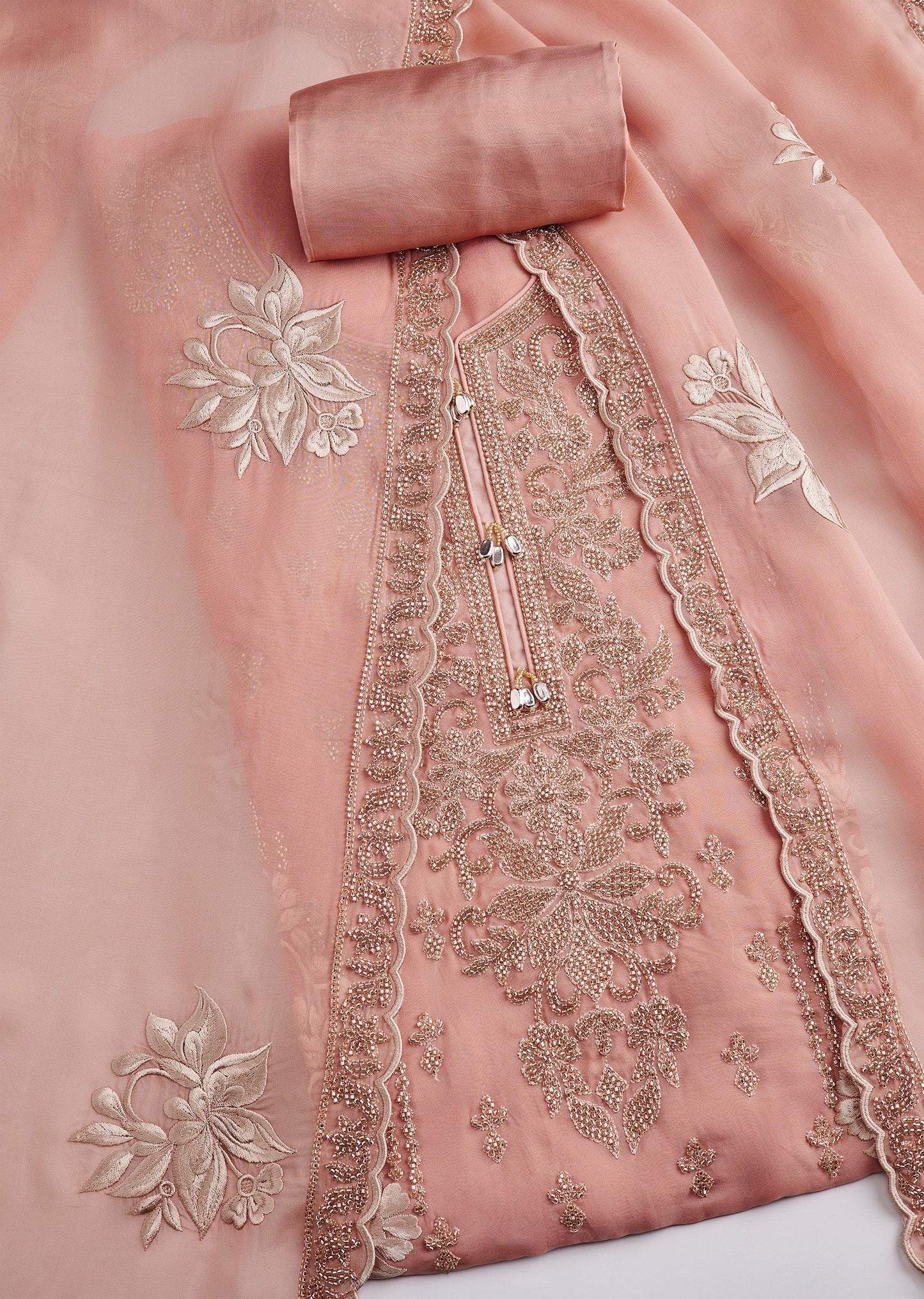 Powder Pink Organza Embroidered Unstitched Suit Set With Dupatta