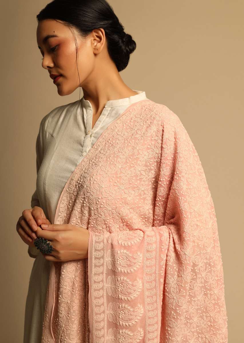 Powder Pink Dupatta In Georgette With Lucknowi Thread Embroidered Jaal Design And Tassels On The Border Online - Kalki Fashion