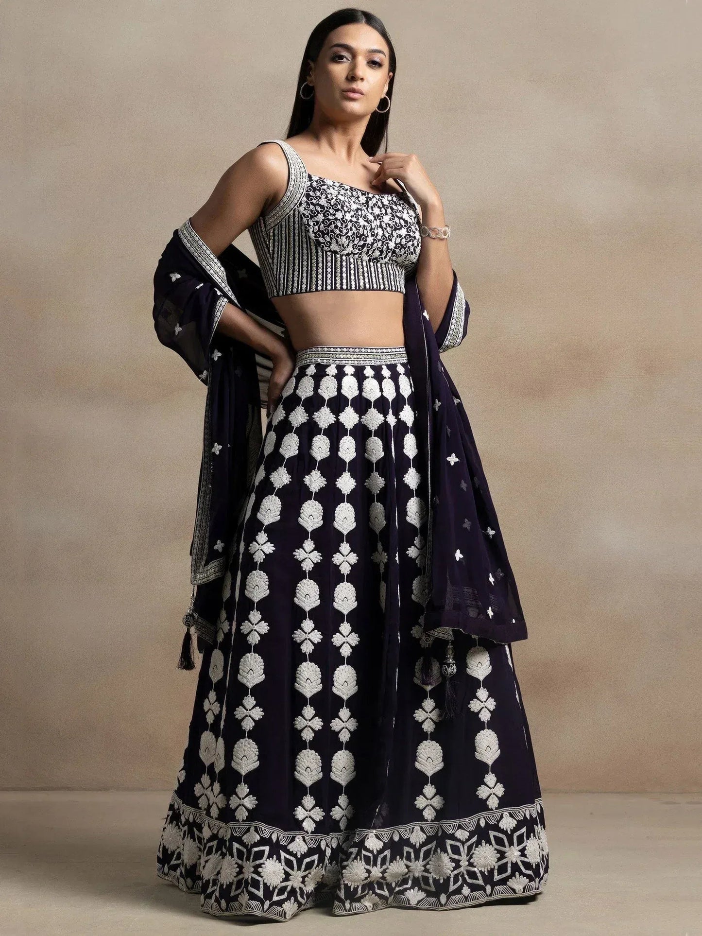 Tulsi Art Pretty Dark Purple Thread Work Georgette Reception Wear Lehenga Choli