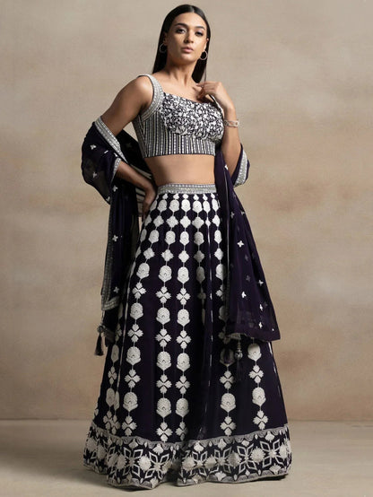 Tulsi Art Pretty Dark Purple Thread Work Georgette Reception Wear Lehenga Choli