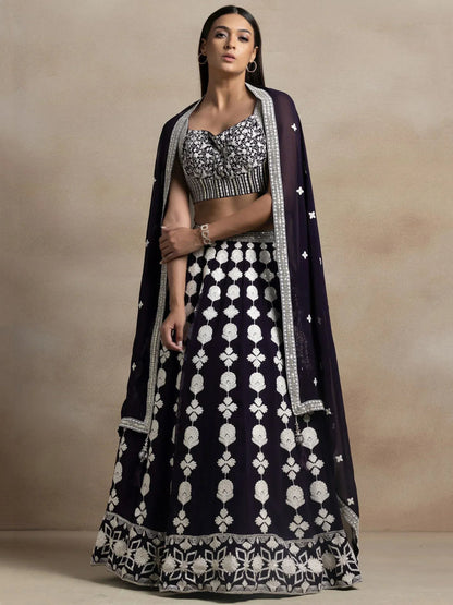 Tulsi Art Pretty Dark Purple Thread Work Georgette Reception Wear Lehenga Choli