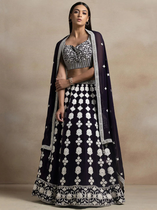Tulsi Art Pretty Dark Purple Thread Work Georgette Reception Wear Lehenga Choli