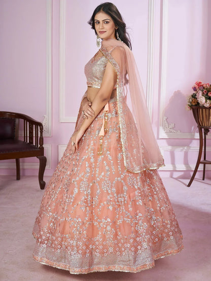Tulsi Art Pretty Peach Sequins Soft Net Engagement Wear Lehenga Choli
