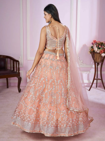 Tulsi Art Pretty Peach Sequins Soft Net Engagement Wear Lehenga Choli