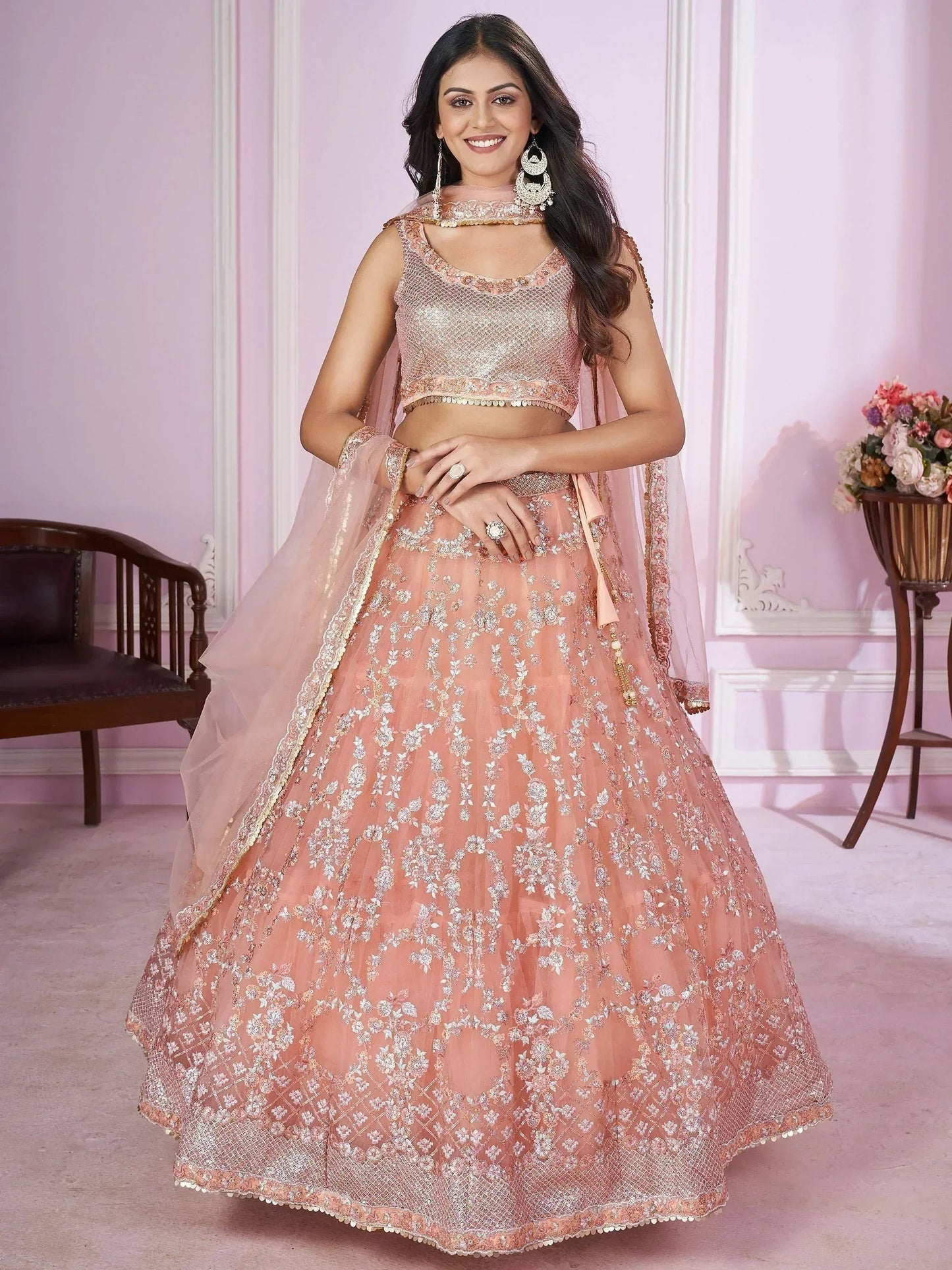 Tulsi Art Pretty Peach Sequins Soft Net Engagement Wear Lehenga Choli