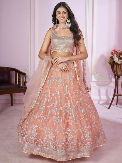 Tulsi Art Pretty Peach Sequins Soft Net Engagement Wear Lehenga Choli