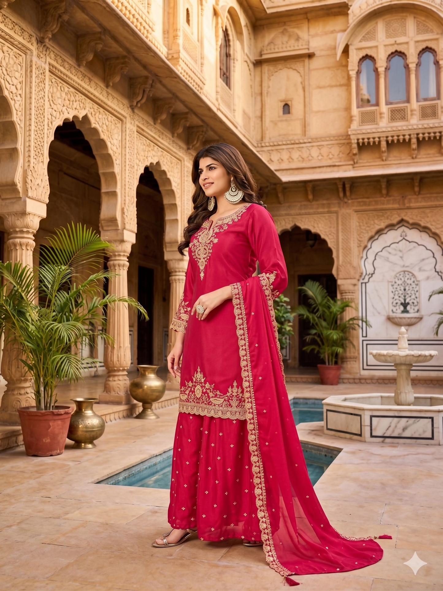 Teeya Creation Womens New Stylish Silk Embroidered Red Sharara Suit With Golden Zari Work And Lace Border Dupatta