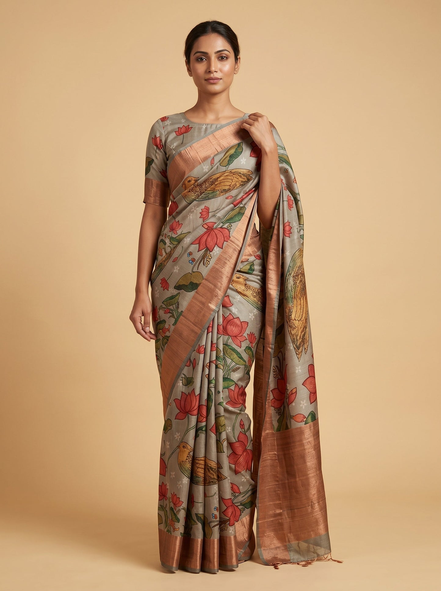 Printed Stone Grey Saree