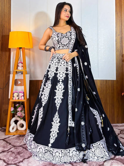 Tulsi Art Prodigious Black Thread Embroidery Georgette Wedding Wear Lehenga Choli