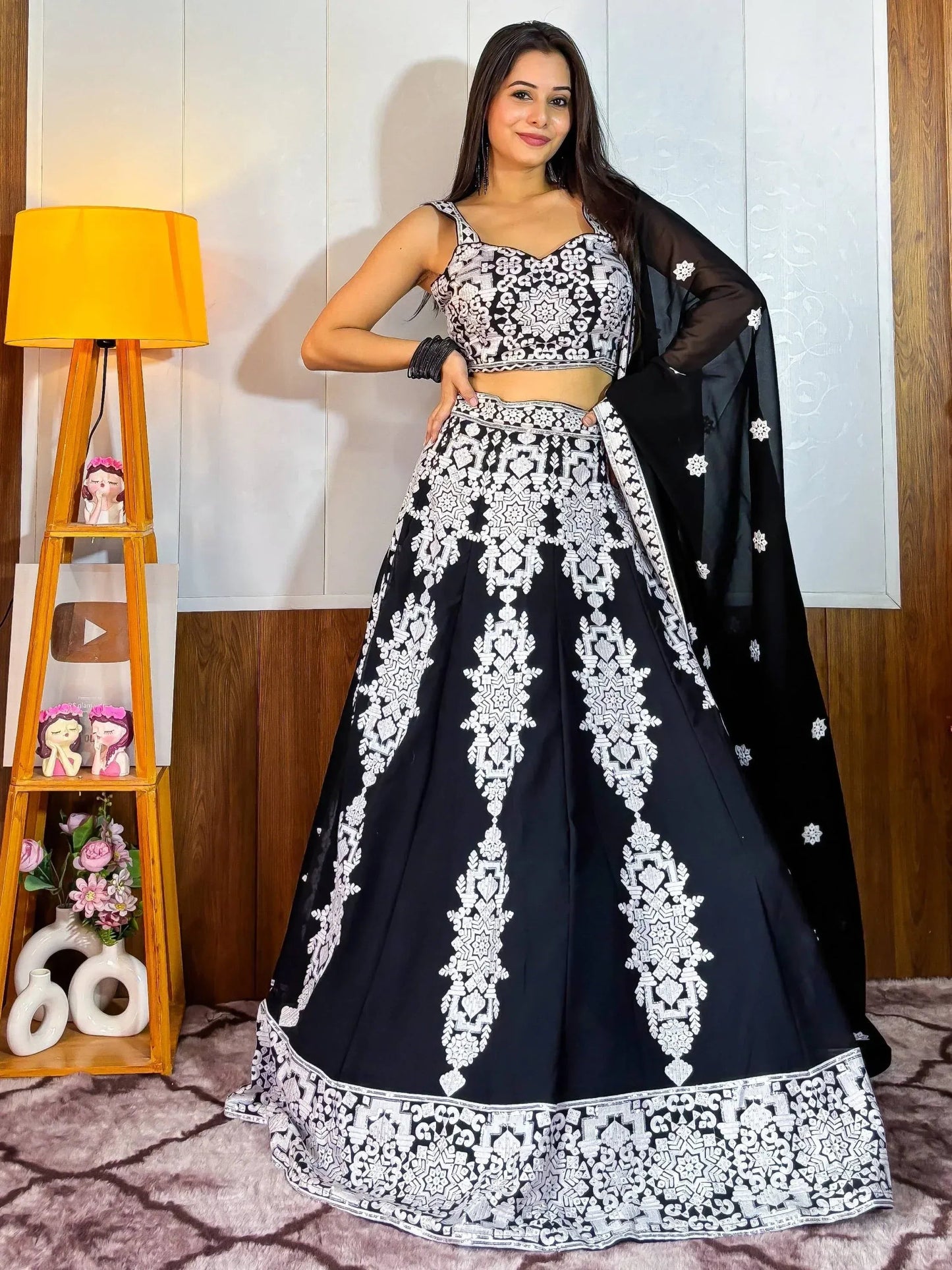 Tulsi Art Prodigious Black Thread Embroidery Georgette Wedding Wear Lehenga Choli