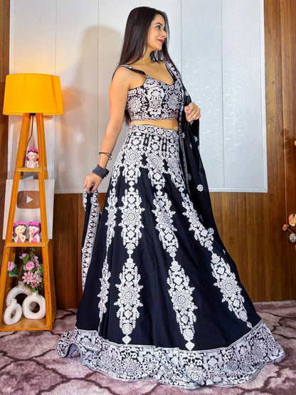 Tulsi Art Prodigious Black Thread Embroidery Georgette Wedding Wear Lehenga Choli