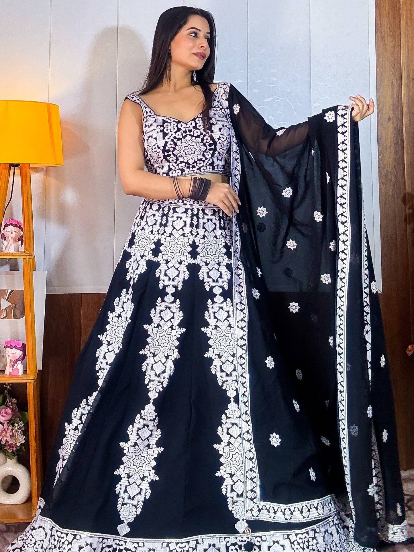 Tulsi Art Prodigious Black Thread Embroidery Georgette Wedding Wear Lehenga Choli