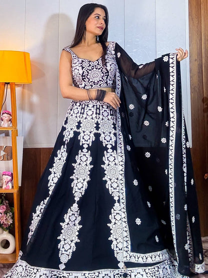 Tulsi Art Prodigious Black Thread Embroidery Georgette Wedding Wear Lehenga Choli