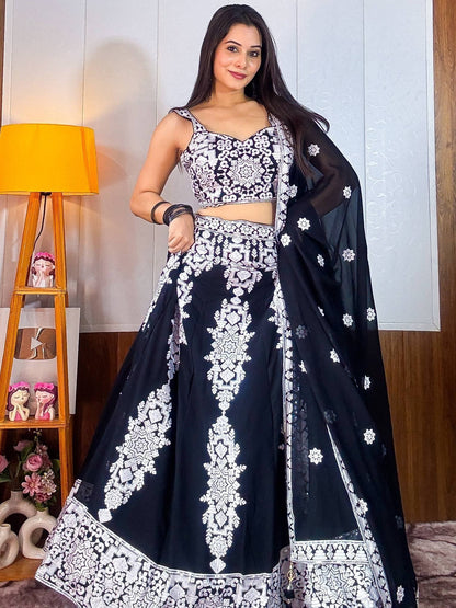 Tulsi Art Prodigious Black Thread Embroidery Georgette Wedding Wear Lehenga Choli