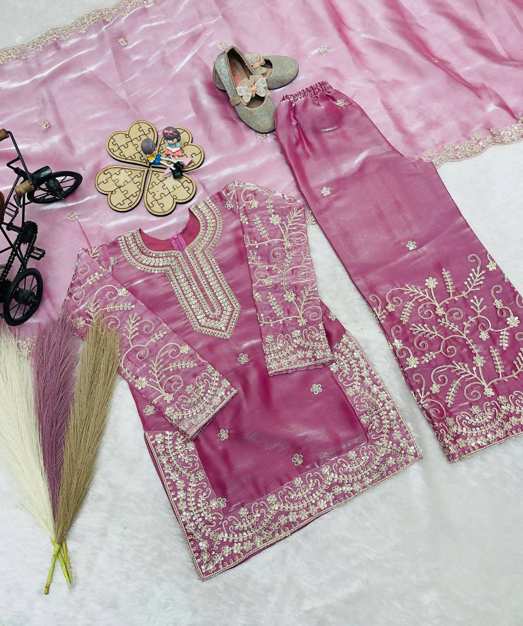 Teeya Creation New Kids Wedding Wear Heavy Embroidery Sequence Work Kurta Sharara Set-Pink