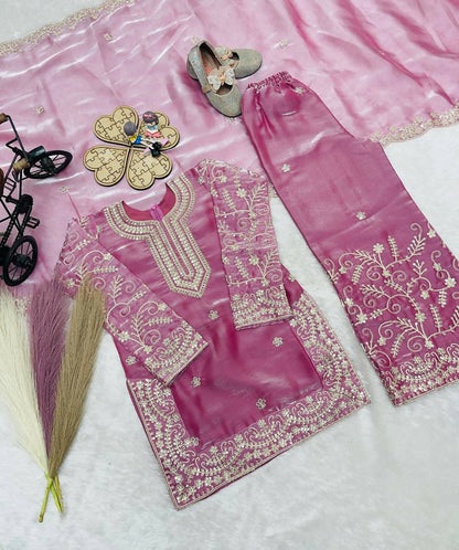 Teeya Creation New Kids Wedding Wear Heavy Embroidery Sequence Work Kurta Sharara Set-Pink