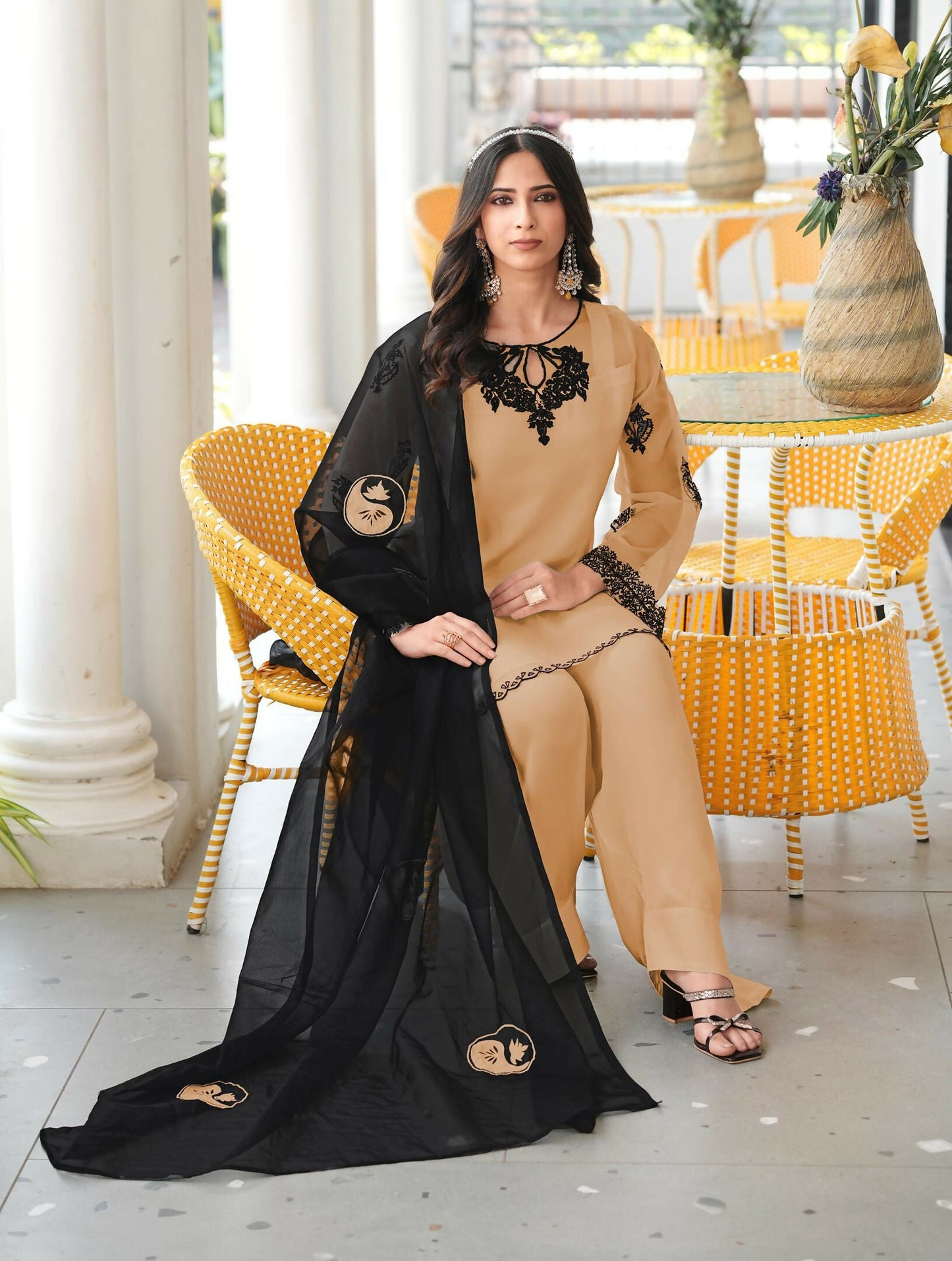 Nikhaar Light Brown Embroidered Organza Stitched Straight Cut Kurta Farshi Salwar Dupatta Readymade Suit