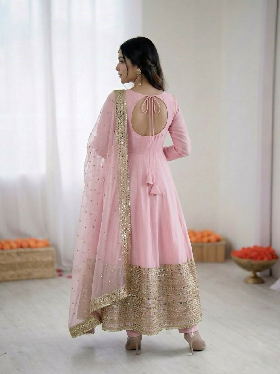 Teeya Creation Womens New Pastel Pink Solid Anarkali Kurta With Heavy Embroidered Border Gown Set