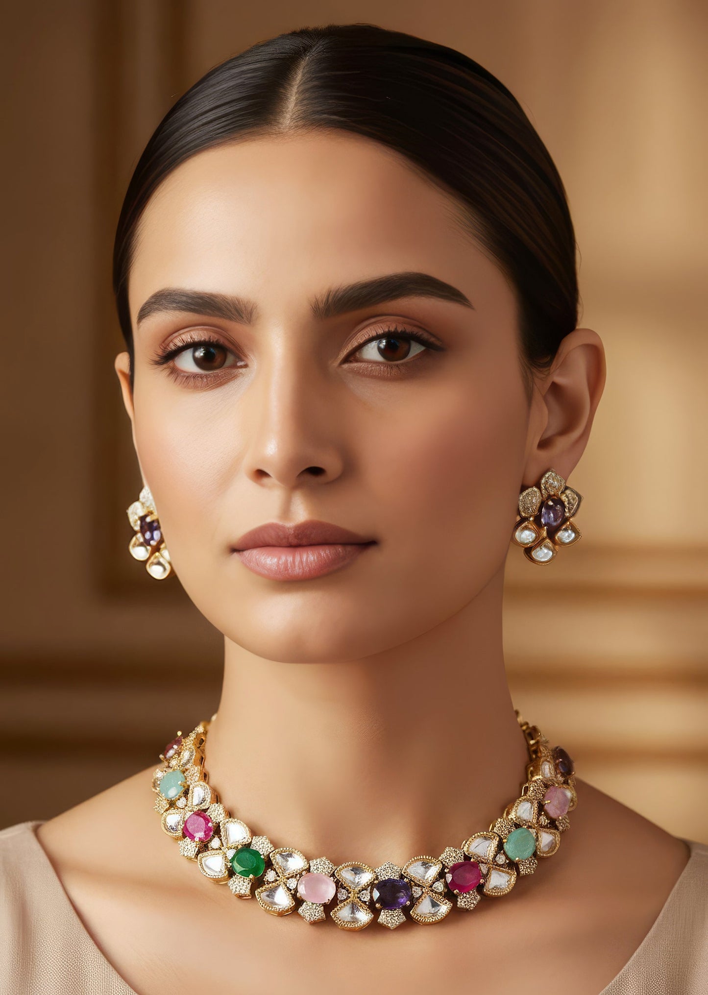 Gold Finish Necklace Set in Polki with Tanzanite Accents