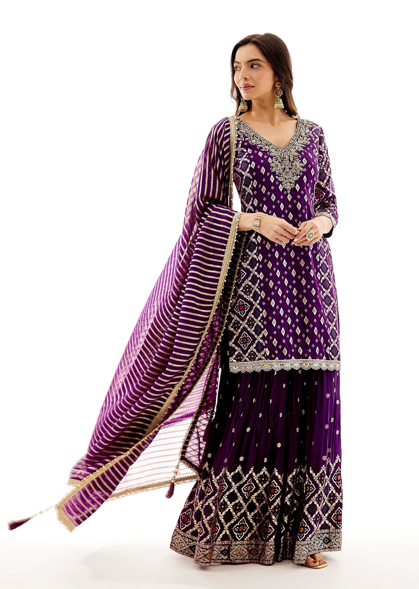 Purple Banarasi Silk Palazzo Set With Zardosi Neck Work