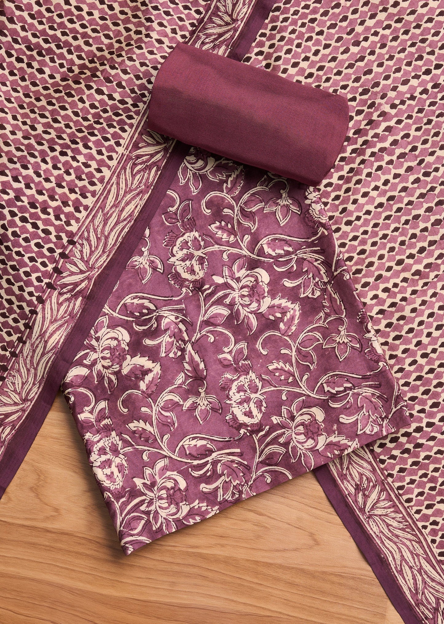 Purple Chanderi Printed Unstitched Suit Set