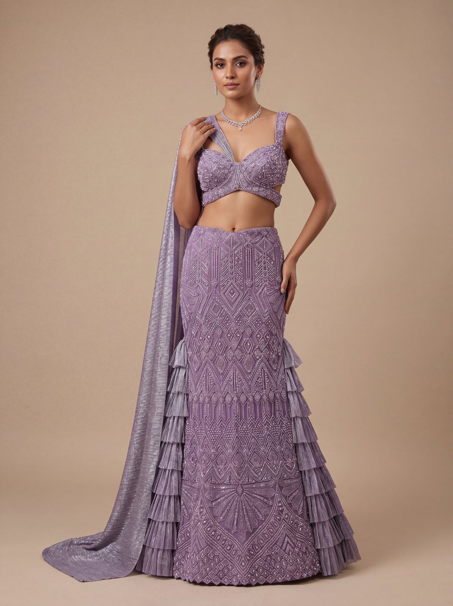 Purple Contemporary Bridal Lehenga With Sheer Embroidered Skirt