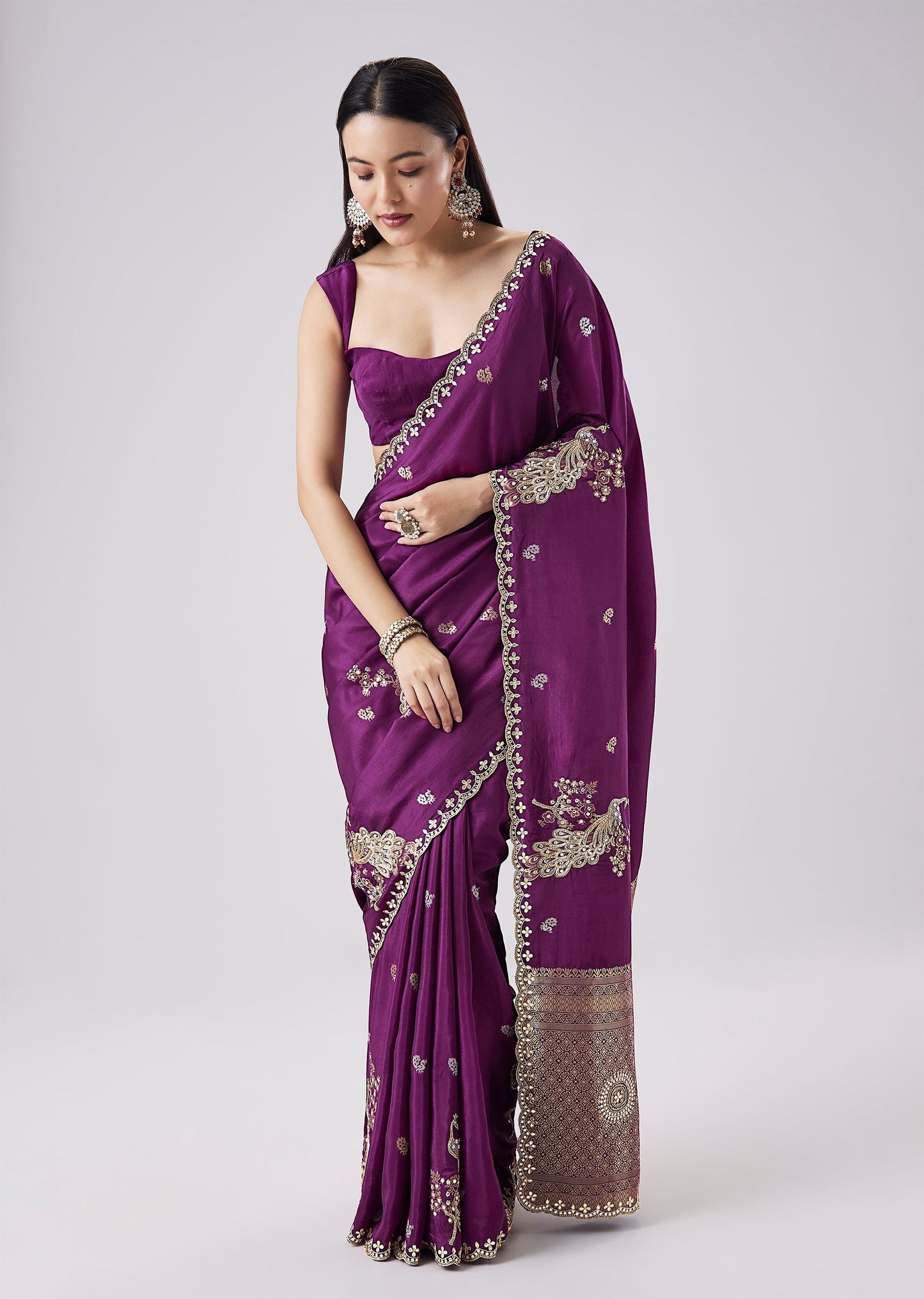 Purple Embroidered Motif Saree With Unstitched Blouse