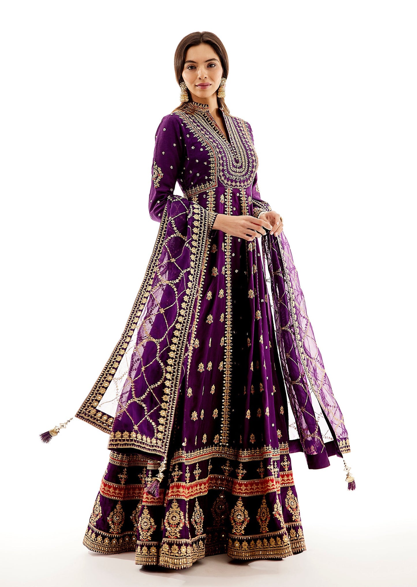 Purple Floor-Length Anarkali Dupatta Set With Zari Embroidery