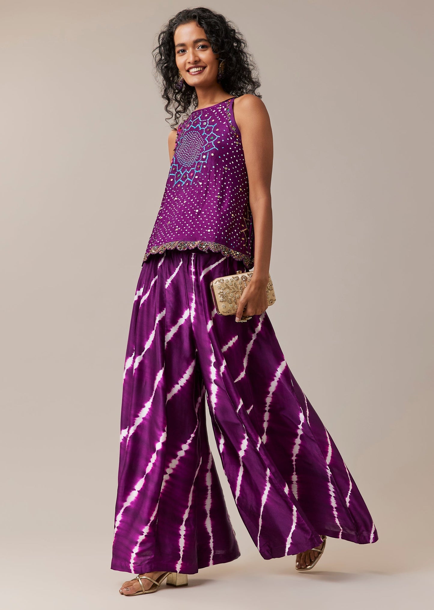 Purple Hand Dyed Bandhani Top and Leheriya Palazzo Co-ord Set with Sequins