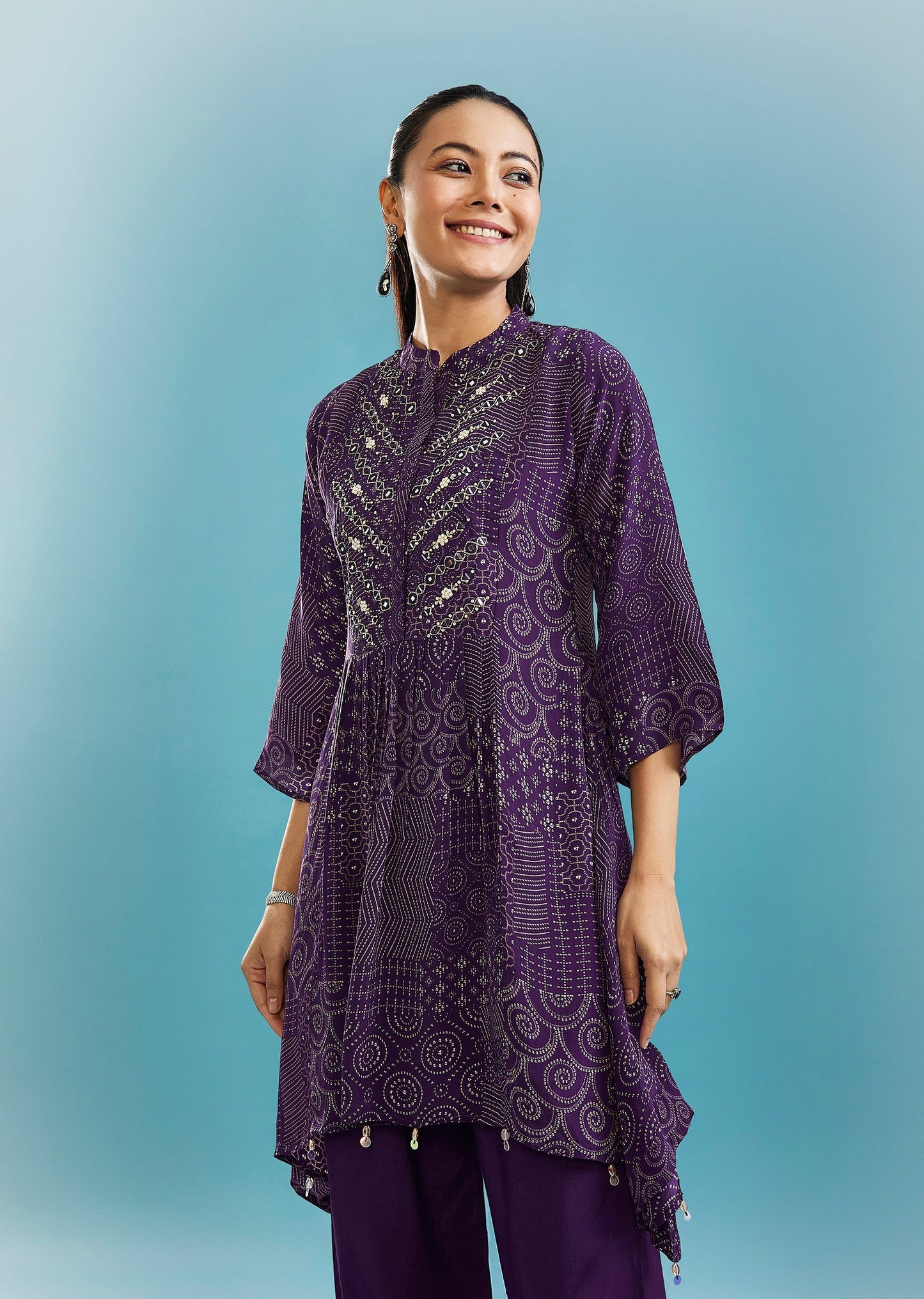 Purple Indo-Western Co-ord Set With Mirror And Cut Dana Work