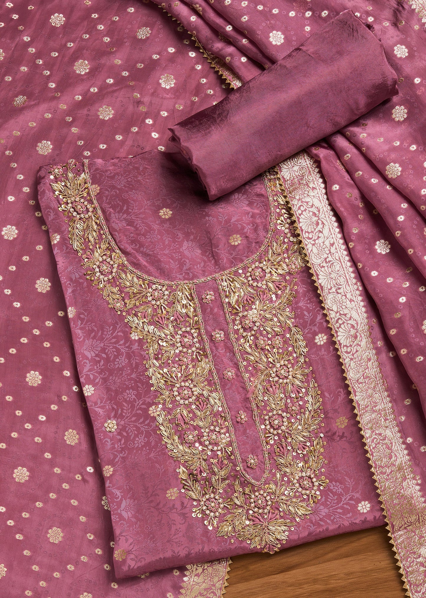 Purple Jacquard Unstitched Suit With Dupatta