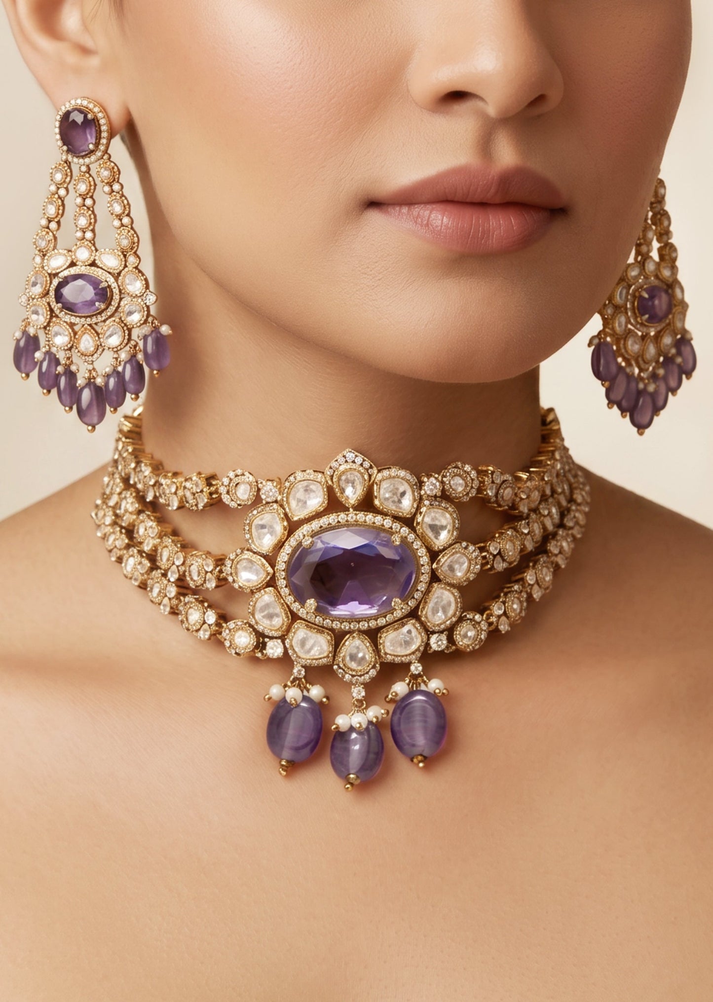 Purple Kundan Choker Necklace Set